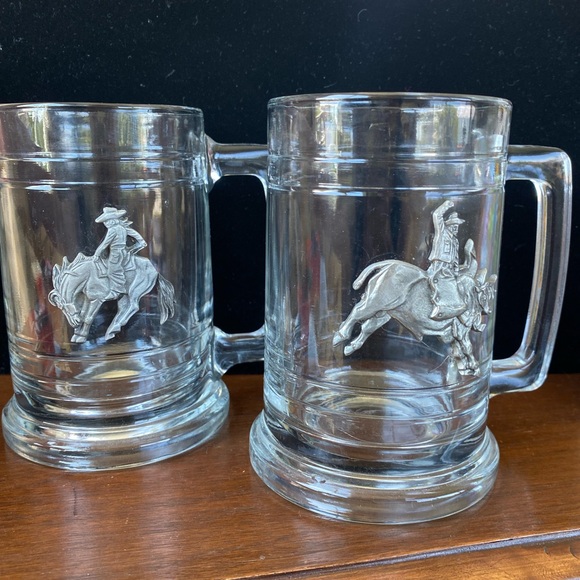 2 Glass Beer Mugs Steins Pewter Cowboy Horse Bull Rodeo Metalworks Pendleton - Picture 10 of 10